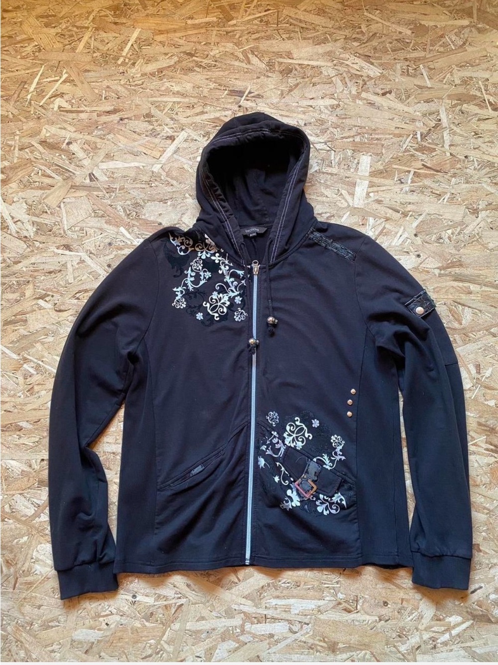 Black Y2K Floral-Accent Hooded Zip Sweatshirt